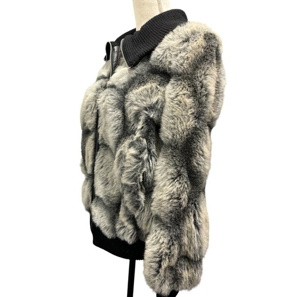 Women's Vintage Faux Fur Patchwork BGack and Grey Jacket With Black Knit Collar - Picture 6 of 8